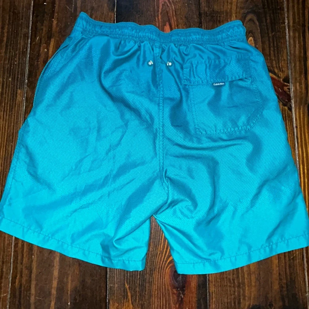 Calvin Klein Mens Swim Trunks Size M Turquoise Blue Micro Dot Mesh Lined Shorts